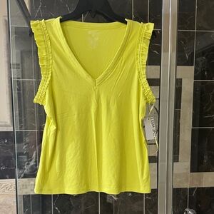 Nine West Neon Yellow Ruffle-Trim V-Neck Tank Top